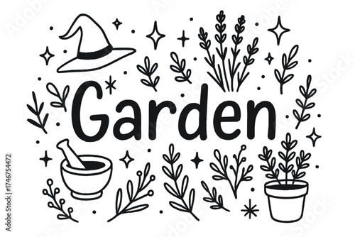 Witch's Enchanted Garden. Doodle witch garden with stars, herbs, and sparkles, center word “Garden” in black and white isolated
