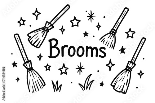 Broomsticks Doodle Art. Doodle broomsticks with stars, grass, and sparkles, center word “Brooms” in black and white isolated