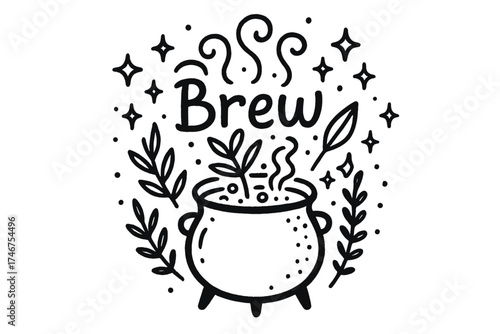 Magical Herb Brew. Doodle herb cauldron brewing with stars, steam, and sparkles, center word “Brew” in black and white isolated