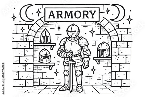 Knight's Armory Room. Hand-drawn knight armor room with moons, sparkles, and helmets, center word “Armory” in black and white