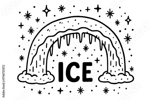Doodle Ice Bridge. Doodle ice bridge with stars, snow, and sparkles, center word “Ice” in black and white isolated transparent