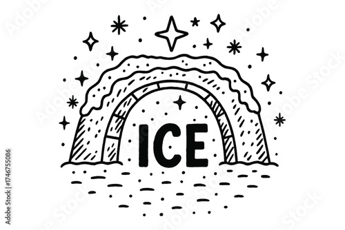 Doodle Ice Bridge. Doodle ice bridge with stars, snow, and sparkles, center word “Ice” in black and white isolated transparent