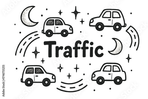 Whimsical Car Traffic. Hand-drawn toy car traffic with moons, roads, and sparkles, center word “Traffic” in black and white