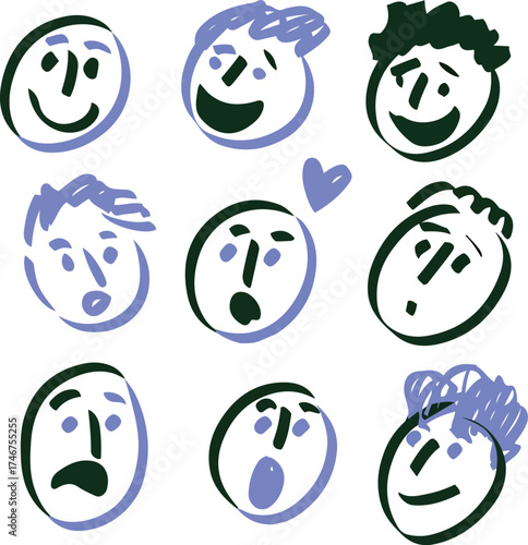 Doodle style expressions set various emotional faces vector illustration graphic