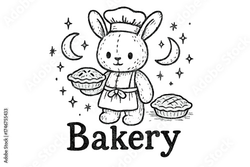 Plush Bunny Bakery. Hand-drawn plush bunny bakery with moons, pies, and sparkles, center word “Bakery” in black and white isolated
