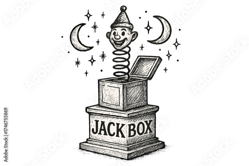 Jack-in-the-Box Monument. Hand-drawn jack-in-the-box monument with moons, springs, and sparkles, center word “JackBox” in black
