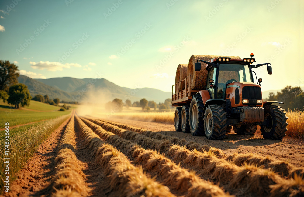 Fototapeta premium Tractor working on a farm field during sunset with mountains in the background