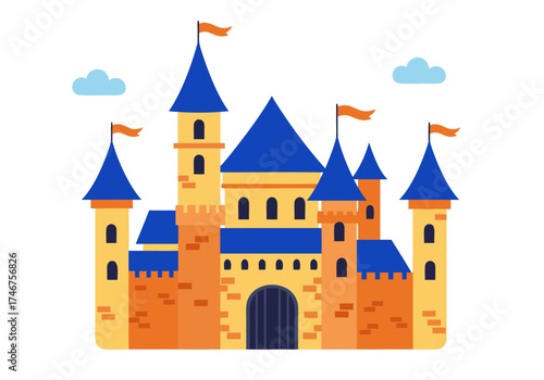 Charming flat vector illustration of a fantasy castle with blue roofs and flags, symbolizing a magical kingdom, ancient architecture, and fairy tales