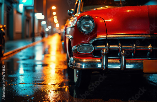 Classic red vintage car parked on a wet city street at night with reflections and bokeh lights