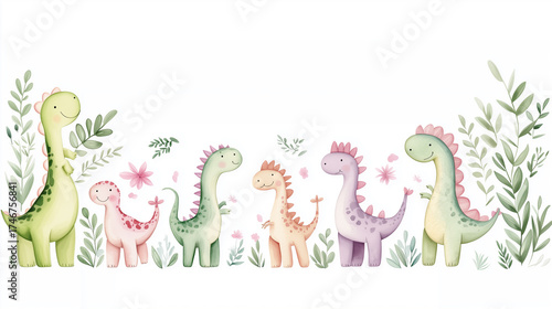 A playful illustration of colorful dinosaurs surrounded by lush greenery, perfect for childrens themes