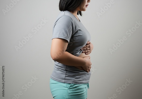 Overweight Woman Holding Her Stomach, Suffering from Pain. Generative Ai