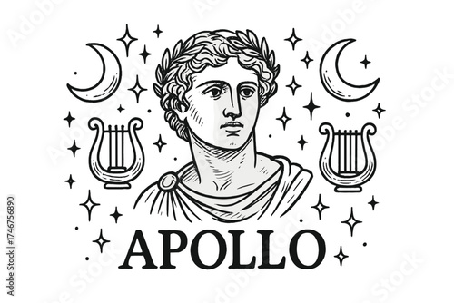Apollo with Moons and Lyres. Hand-drawn apollo with moons, lyres, and sparkles, center word “Apollo” in black and white isolated