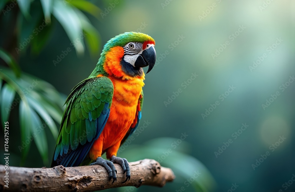 Obraz premium Colorful parrot perched on a branch in lush green environment