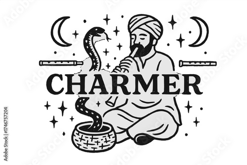 Charmer with Flute. Hand-drawn snake charmer with moons, flutes, and sparkles, center word “Charmer” in black and white isolated