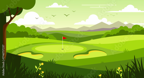 Lush green golf course landscape illustration with a flagstick, sand traps, and distant mountains under a serene sky, ideal for outdoor sports and recreational themes