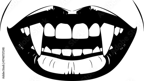 Illustration of Close up of Vampire Fangs and Mouth in Black and White
