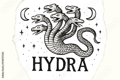 Hydra with Moons. Hand-drawn hydra with moons, heads, and sparkles, center word “Hydra” in black and white isolated transparent