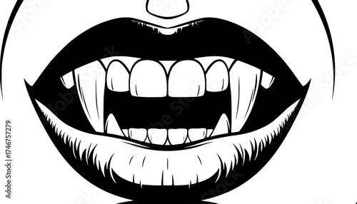 Illustration of Close up of Vampire Fangs and Mouth in Black and White
