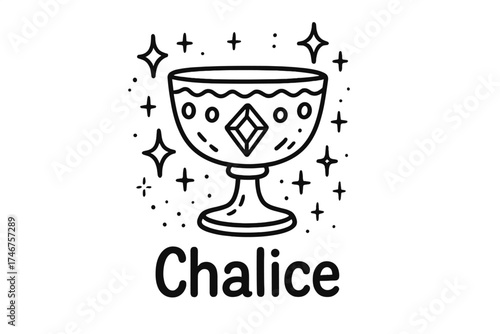 Golden Chalice Doodle. Doodle golden chalice with stars, jewels, and sparkles, center word “Chalice” in black and white isolated
