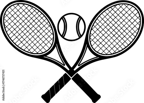Two tennis rackets with a tennis ball in the middle. The rackets are crossed over each other
