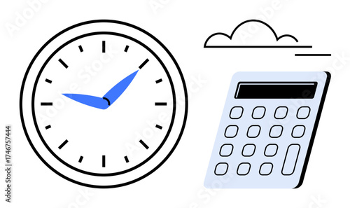 Analog clock with blue hands beside a calculator and a minimal cloud design. Ideal for time management, productivity, organization, efficiency, planning, scheduling, simplicity in design, simple flat