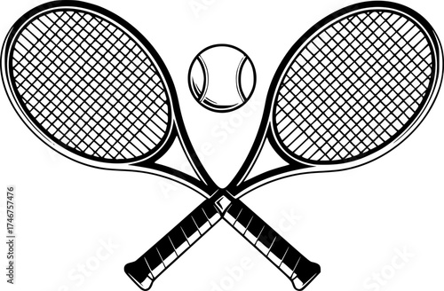 Two tennis rackets with a tennis ball in the middle. The rackets are crossed over each other
