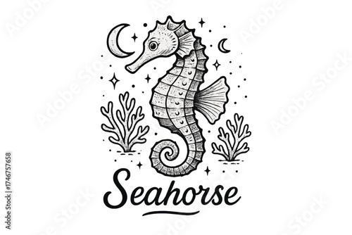 Seahorse, Moons & Corals. Hand-drawn seahorse with moons, corals, and sparkles, center word “Seahorse” in black and white isolated