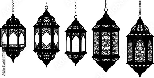 Four silhouetted islamic lanterns hanging against a white background
