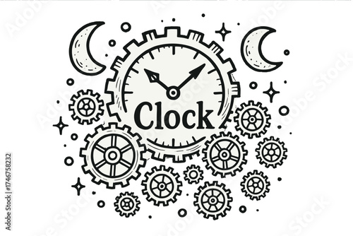 Clockwork Moons Illustration. Hand-drawn gear clock with moons, cogs, and sparkles, center word “Clock” in black and white