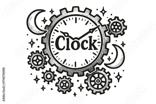 Clockwork Moons Illustration. Hand-drawn gear clock with moons, cogs, and sparkles, center word “Clock” in black and white