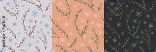 Set of three Soft botanical seamless patterns with delicate twigs and snowflakes on pastel backgrounds, perfect for winter textile, wrapping paper or Scandinavian inspired design, minimal and elegant