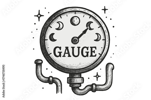 Dreamy Pressure Gauge. Hand-drawn pressure gauge with moons, pipes, and sparkles, center word “Gauge” in black and white isolated