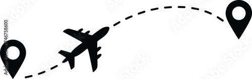 Airplane icon flying from point A to point B travel concept