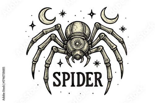 Mechanical Spider Art. Hand-drawn mechanical spider with moons, legs, and sparkles, center word “Spider” in black and white