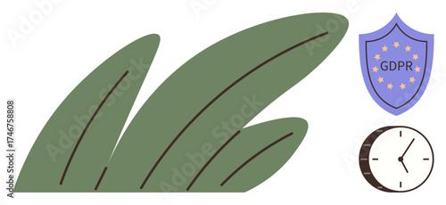 Shield with GDPR text for data protection, clock for time and compliance, and green leaves for sustainability and growth. Ideal for data privacy, security, legal, compliance, environment, time