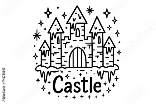Frozen Castle Doodle. Doodle frozen castle with stars, icicles, and sparkles, center word “Castle” in black and white isolated