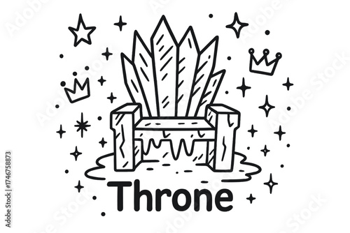 Frozen Throne Doodle. Doodle frozen throne with stars, crowns, and sparkles, center word “Throne” in black and white isolated
