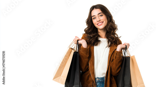 A young Caucasian woman wearing a white shirt, blue jeans and brown jacket standing in front of a white background, holding shopping bags in both hands. Generative AI