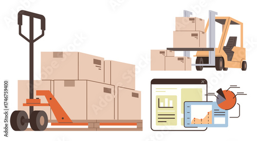 Stacked boxes on pallet with pallet jack, forklift carrying boxes, data charts on tablet. Ideal for logistics, supply chain, inventory, warehouse management, e-commerce, delivery data analysis