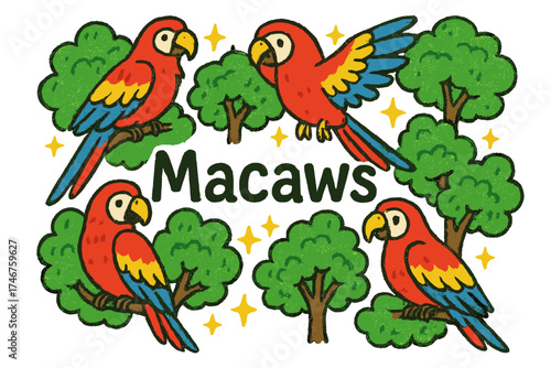 Vibrant Macaws Display. Colorful doodle macaws in vivid red, yellow, and blue wings among bright green trees, glowing sparkles,