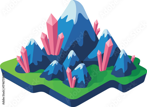 Isometric mountain landscape with crystals vector illustration design art