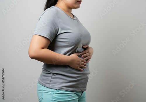 Overweight Woman Holding Her Stomach, Suffering from Pain. Generative Ai