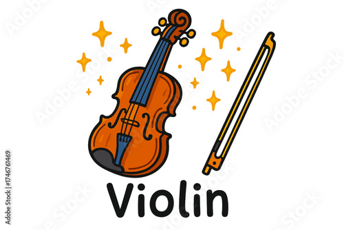 Colorful Violin Doodle. Colorful doodle violin in deep orange wood with golden bow, sparkles floating, center word “Violin”,