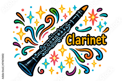 Vibrant Clarinet Illustration. Colorful doodle clarinet in shiny black with silver keys, glowing sparkles, center word “Clarinet”,