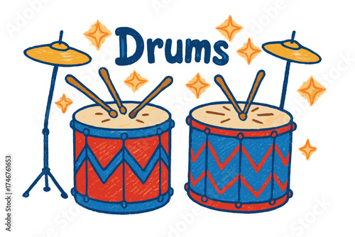 Colorful Doodle Drums. Colorful doodle drums in red and blue with silver cymbals, glowing stars, center word “Drums”, isolated