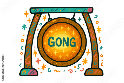 Colorful Gong Doodle. Colorful doodle gong in golden bronze with glowing circle, sparkles, center word “Gong”, isolated