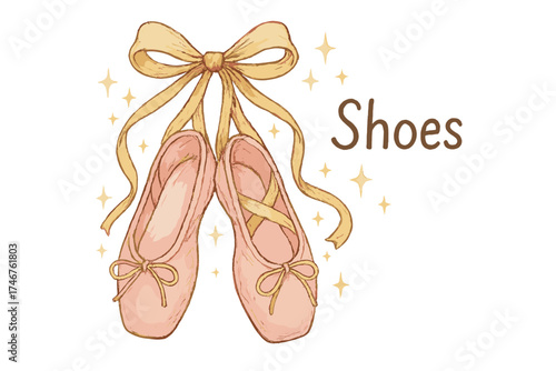 Elegant Ballet Shoes. Hand-drawn ballet shoes in soft pink with golden ribbons, glowing sparkles, center word “Shoes”, isolated