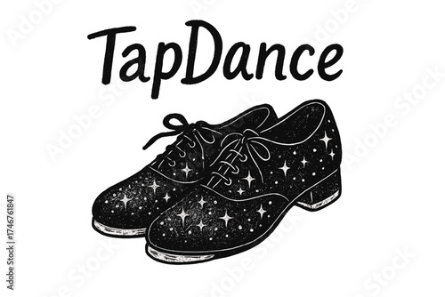 Sparkling Tap Shoes. Hand-drawn tap shoes in black with silver sparkles, center word “TapDance”, isolated transparent background