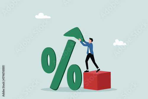The trend of rising interest rates, taxes or VAT, loans and mortgages, the concept of increasing investment profits or dividends, the government gives an upward arrow on the percentage symbol.