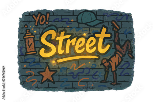 Street Dance Graffiti. Hand-drawn street dance graffiti wall with glowing lights, center word “Street”, isolated transparent